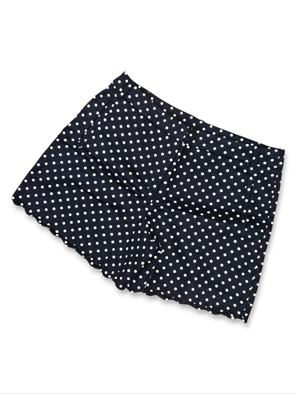 Anne Klein Size 10 Shorts Navy Blue Polka Dot Scalloped Hem Gold Logo Preppy